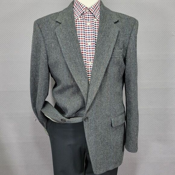 Haggar Men's Tweed Sport Coat‎ Blazer Two Button Gray Herringbone Striped Sz 44L - Picture 1 of 15